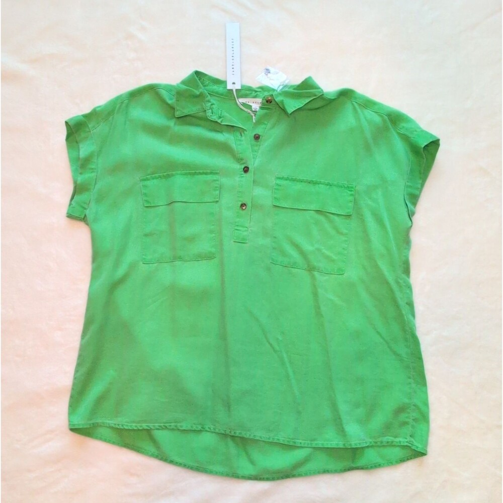 Jane + Delancey Women's Green Lyocell Collared Short Sleeve Blouse, Size L